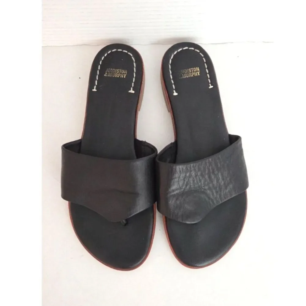 Johnston & Murphy Black Leather Thong Slide Sandals Size 9M Minimalist Chic